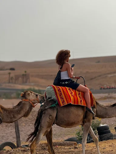 Une voyageuse à dos de dromadaire dans un paysage minéral